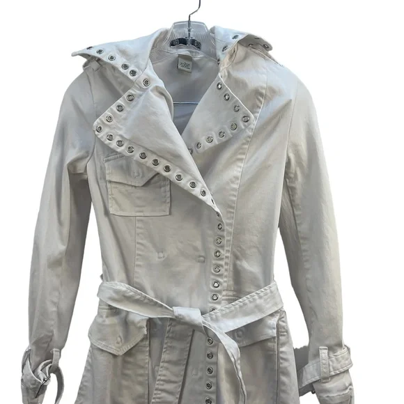 9.8 Jeans White Trench Coat Studded Belted Waist Single-Breasted Small - Picture 3 of 11